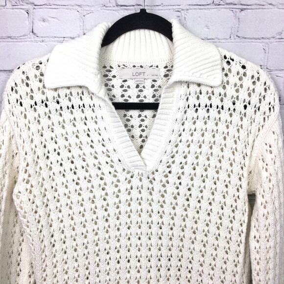 Loft Petites Cottagecore Open Knit Split Neck Cream Pullover Sweater Size XXS - Picture 2 of 13